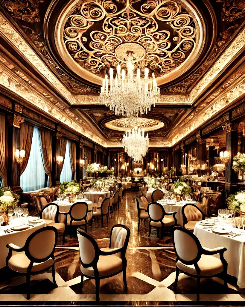 The main dining room under gilded ceilings and crystal chandeliers, tables dressed in white linen
