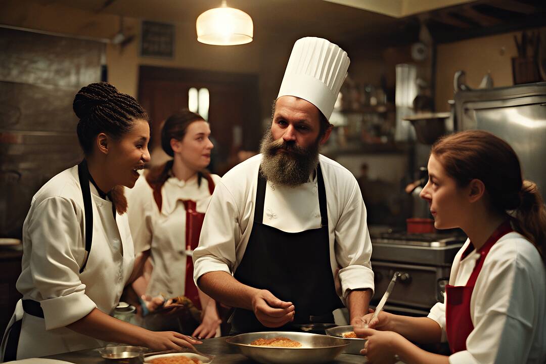 The pre-service briefing at the steel pass: a bearded chef in a white toque talks the brigade through the evening's plates while three cooks in white jackets and aprons listen.